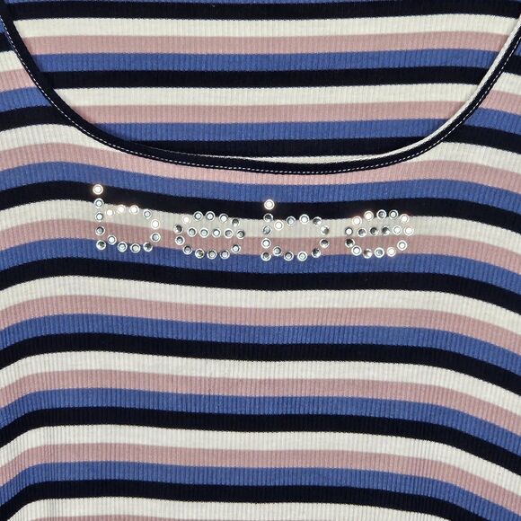 Bebe Vintage Y2K Striped Top Rhinestone Logo Lace Up 3/4 Sleeve Shirt L - Picture 2 of 6